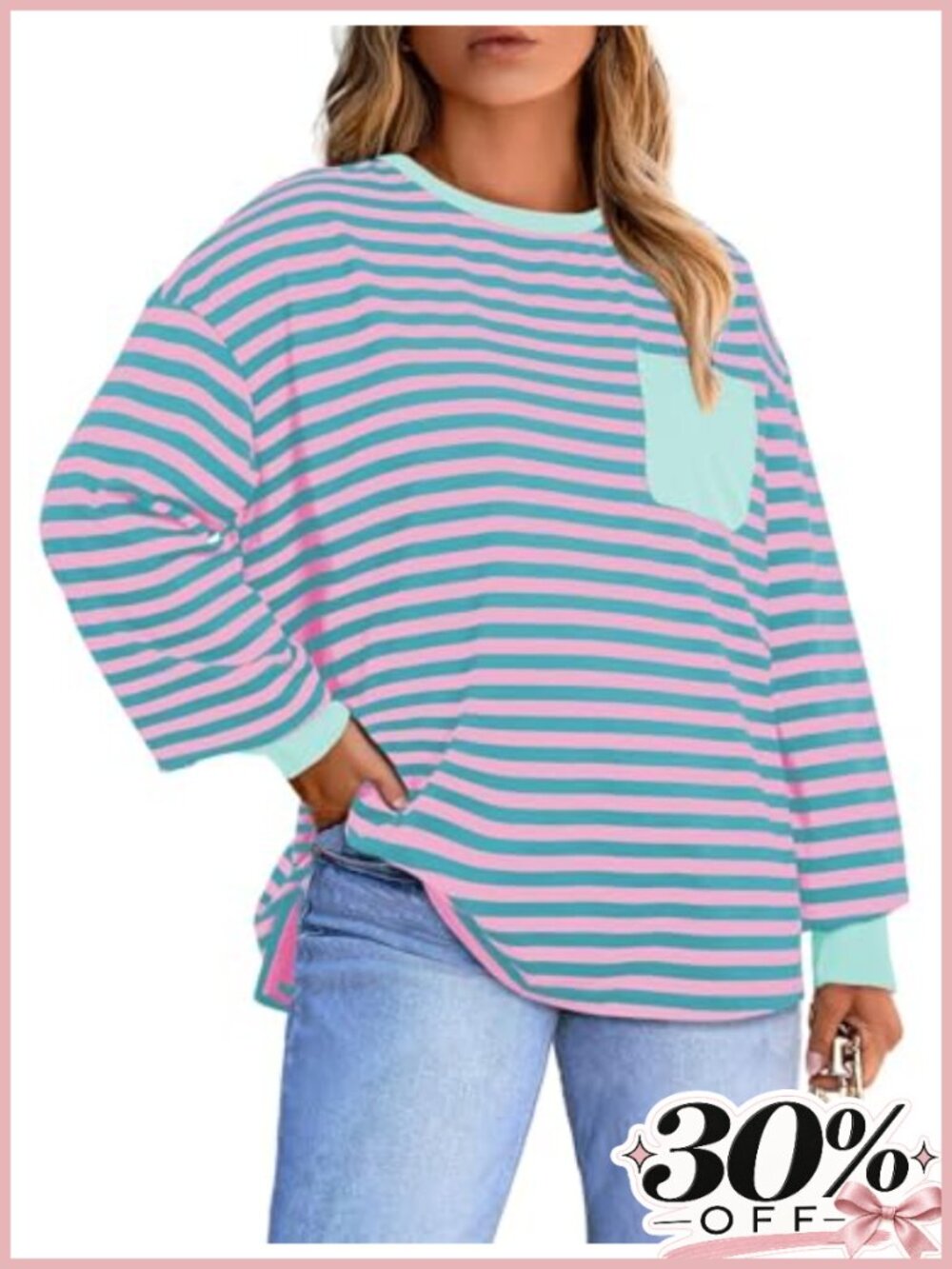 Plus Size Striped Crewneck Long Sleeve Tee with Chest Pocket